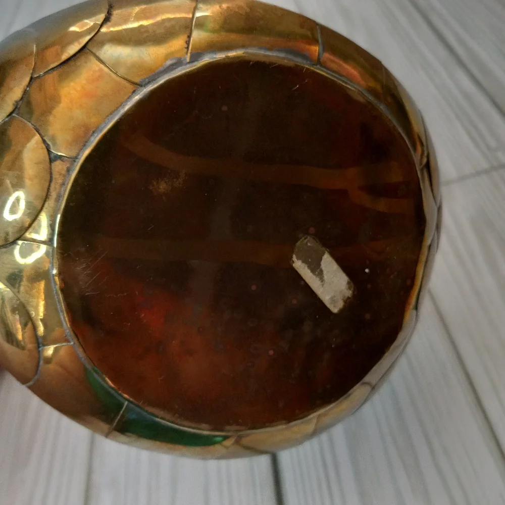 Vintage Mexican Tonala Hand Painted Pottery Sun & Moon Folk Art Brass Vase